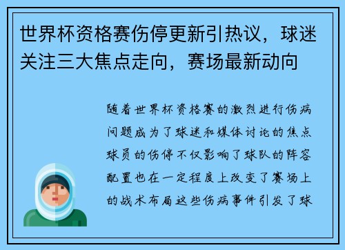 世界杯资格赛伤停更新引热议，球迷关注三大焦点走向，赛场最新动向
